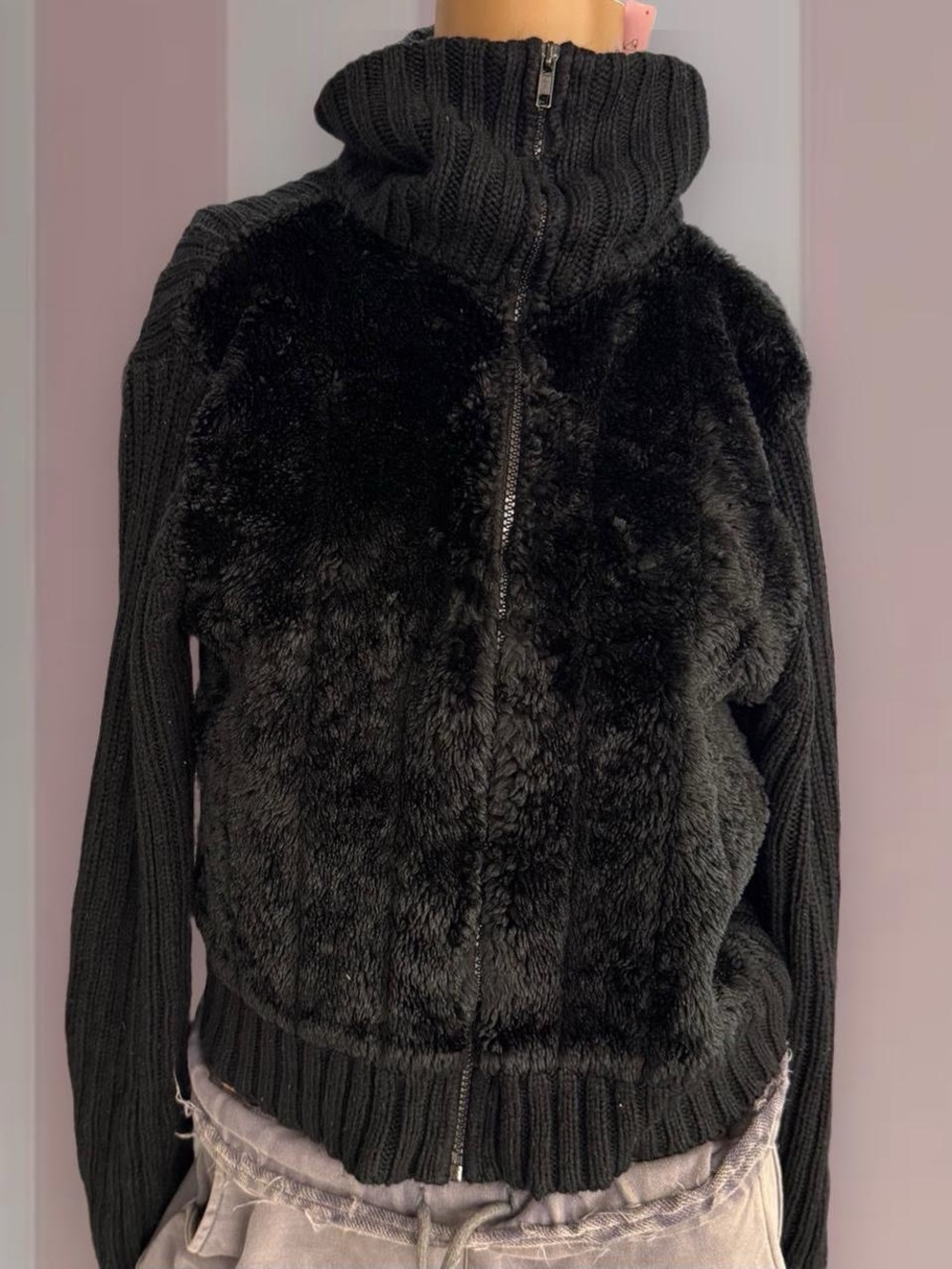 Black Faux-Fur Sweater Jacket